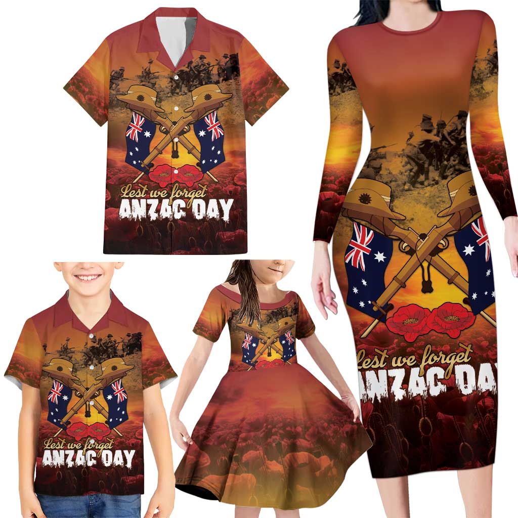 ANZAC Day Lest We Forget Family Matching Long Sleeve Bodycon Dress and Hawaiian Shirt Australian Veterans Remembrance Tribute