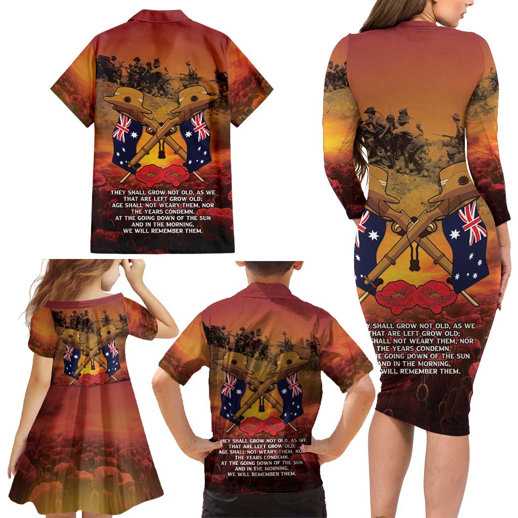 ANZAC Day Lest We Forget Family Matching Long Sleeve Bodycon Dress and Hawaiian Shirt Australian Veterans Remembrance Tribute