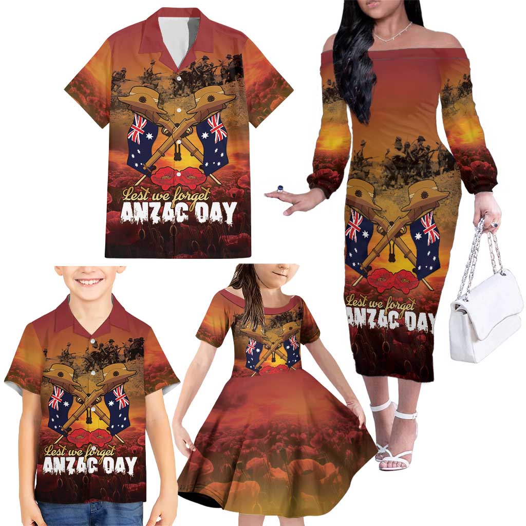 ANZAC Day Lest We Forget Family Matching Off The Shoulder Long Sleeve Dress and Hawaiian Shirt Australian Veterans Remembrance Tribute