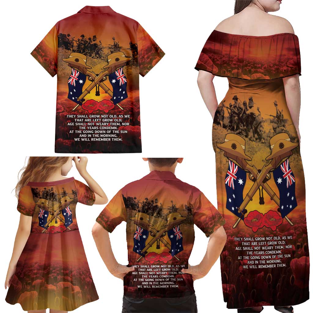 ANZAC Day Lest We Forget Family Matching Off Shoulder Maxi Dress and Hawaiian Shirt Australian Veterans Remembrance Tribute