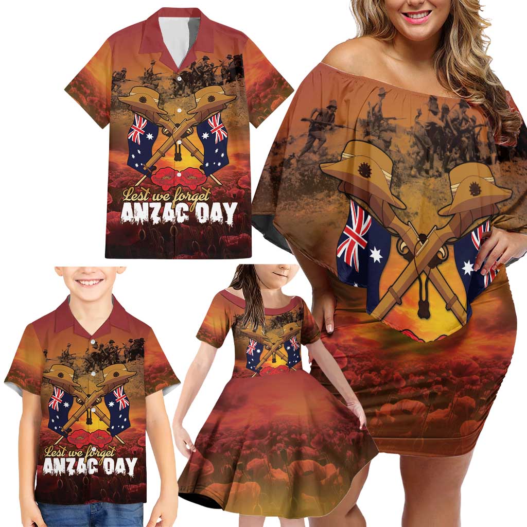 ANZAC Day Lest We Forget Family Matching Off Shoulder Short Dress and Hawaiian Shirt Australian Veterans Remembrance Tribute