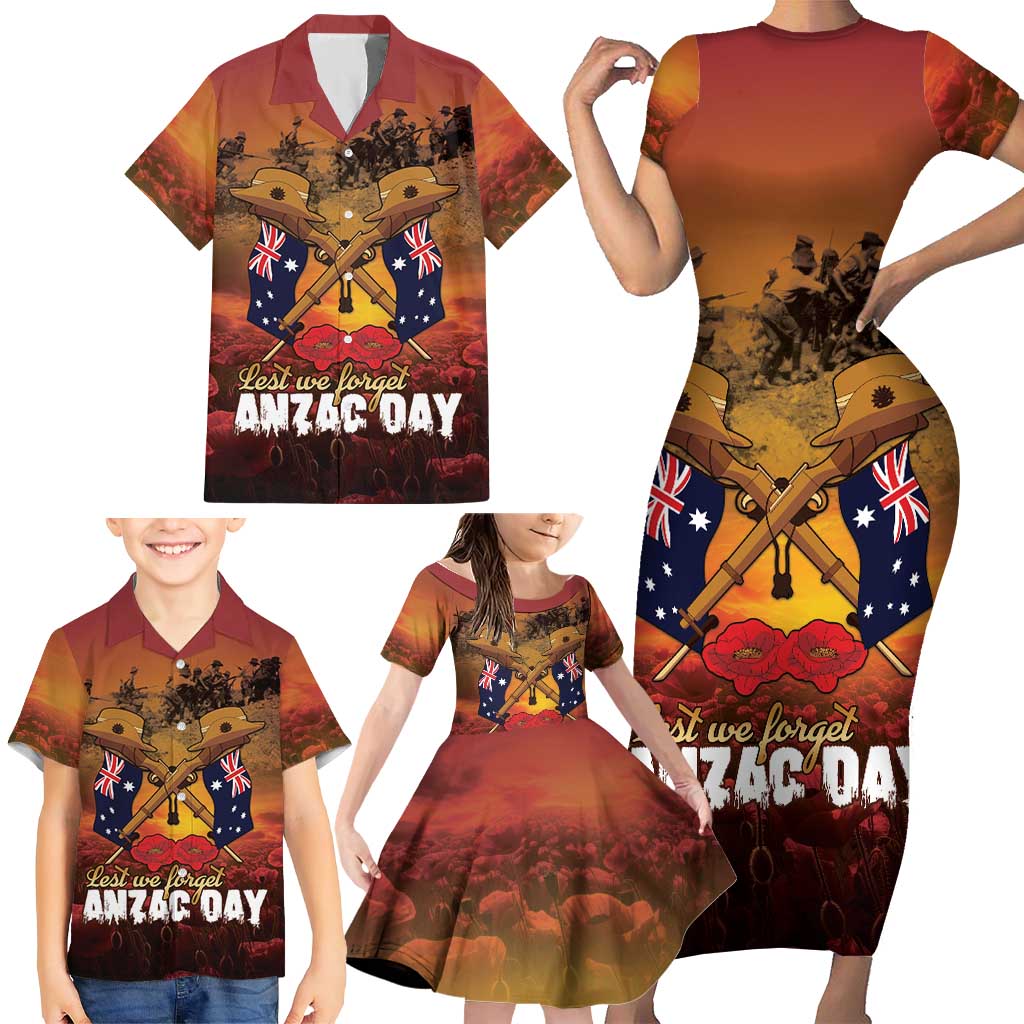 ANZAC Day Lest We Forget Family Matching Short Sleeve Bodycon Dress and Hawaiian Shirt Australian Veterans Remembrance Tribute