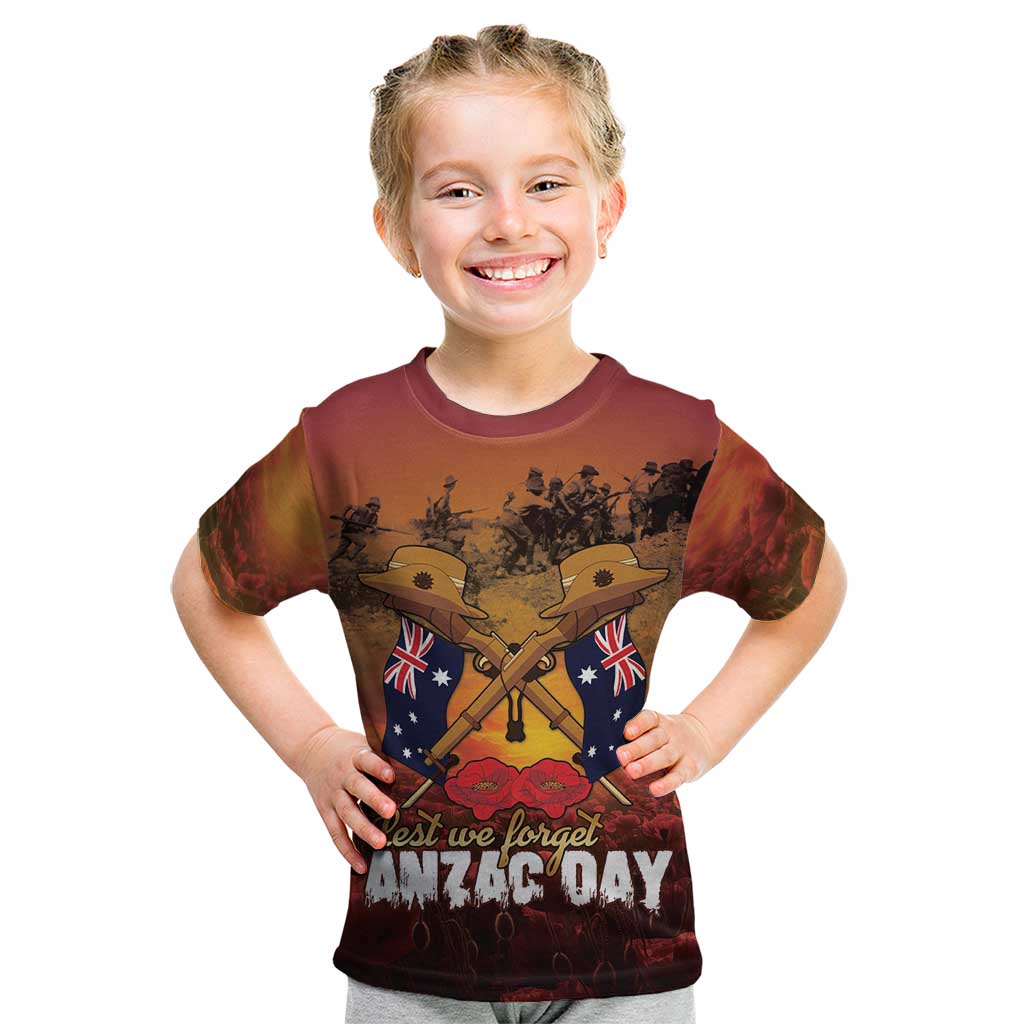 ANZAC Day Lest We Forget Kid T Shirt Australian Veterans Remembrance Tribute