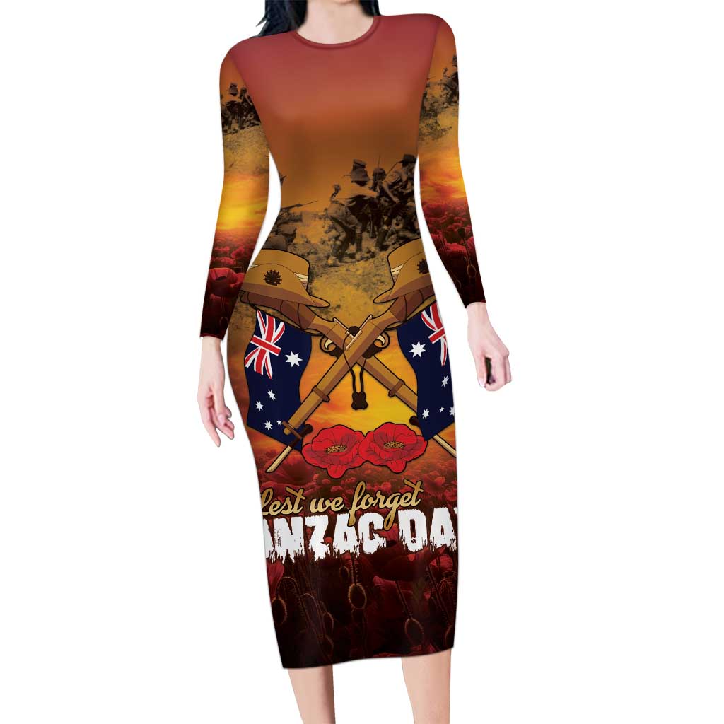 ANZAC Day Lest We Forget Long Sleeve Bodycon Dress Australian Veterans Remembrance Tribute