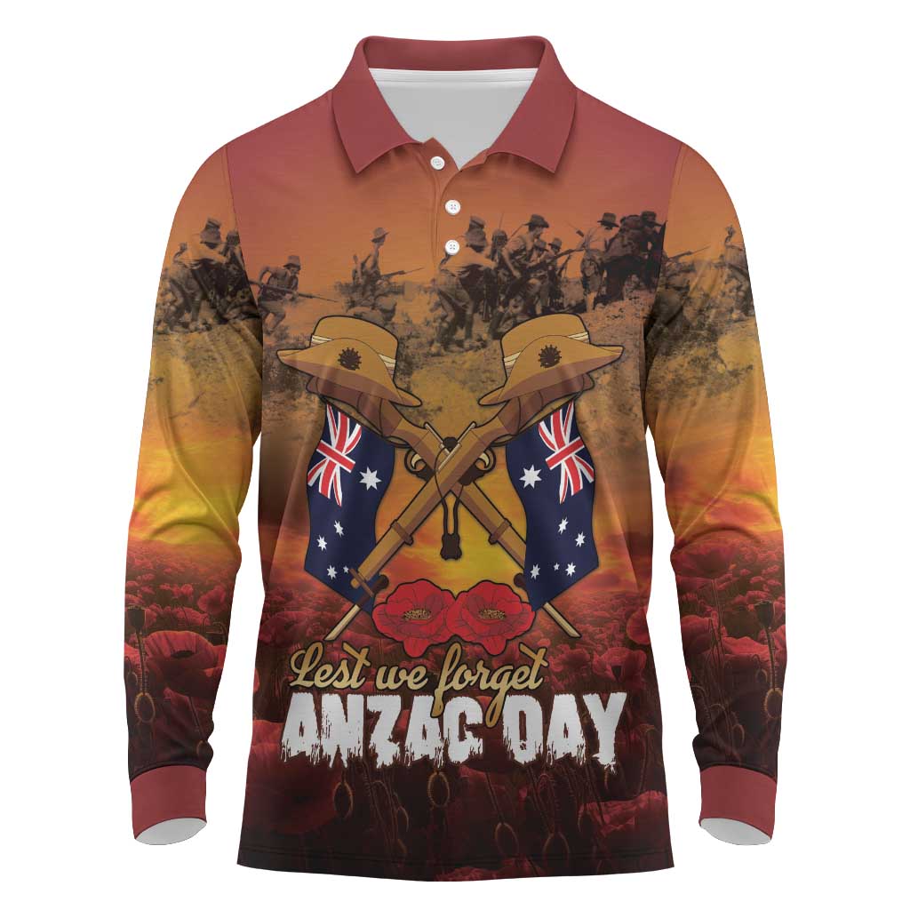 ANZAC Day Lest We Forget Long Sleeve Polo Shirt Australian Veterans Remembrance Tribute