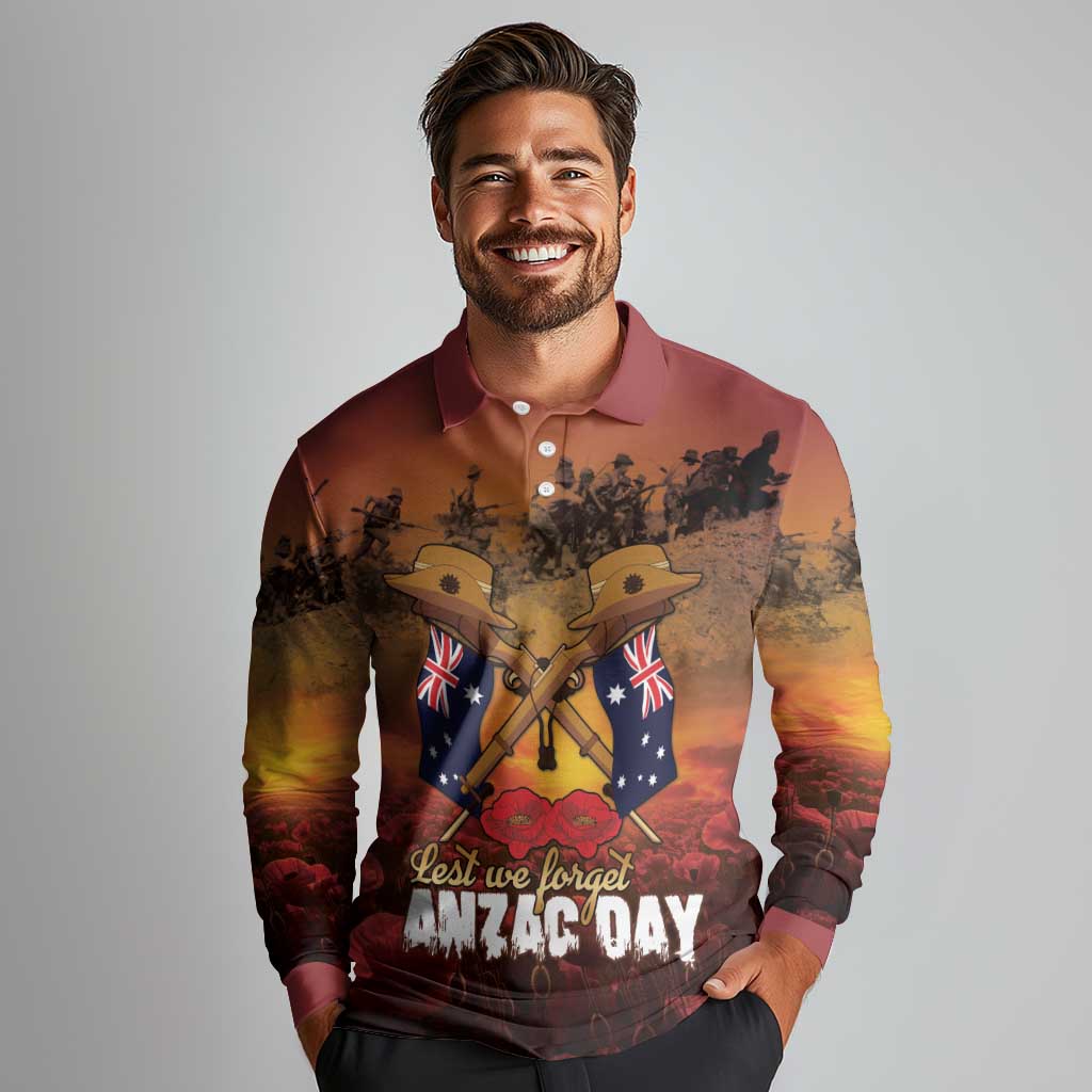ANZAC Day Lest We Forget Long Sleeve Polo Shirt Australian Veterans Remembrance Tribute