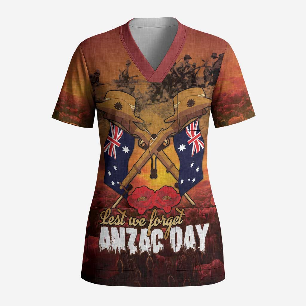 ANZAC Day Lest We Forget Scrub Top Australian Veterans Remembrance Tribute