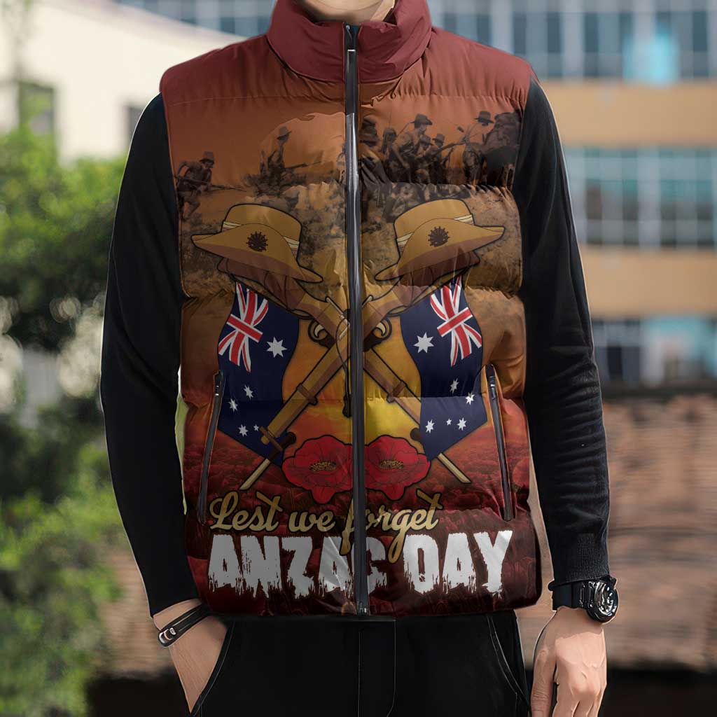 ANZAC Day Lest We Forget Sleeveless Puffer Jacket Australian Veterans Remembrance Tribute