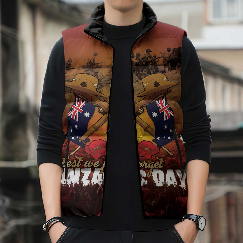 ANZAC Day Lest We Forget Sleeveless Puffer Jacket Australian Veterans Remembrance Tribute