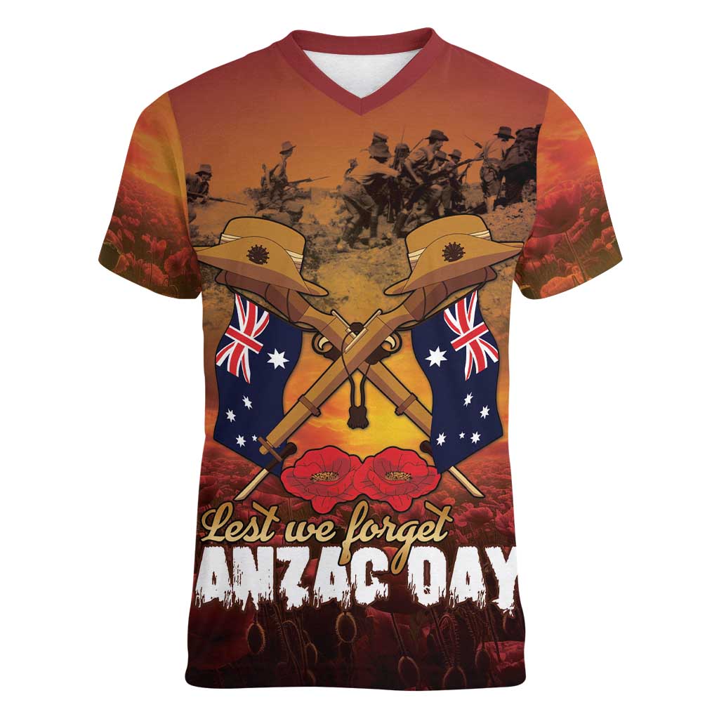 ANZAC Day Lest We Forget Women V-Neck T-Shirt Australian Veterans Remembrance Tribute