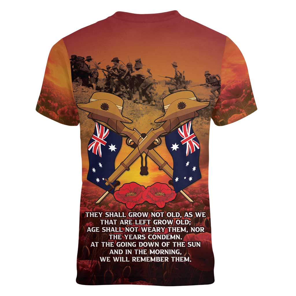 ANZAC Day Lest We Forget Women V-Neck T-Shirt Australian Veterans Remembrance Tribute
