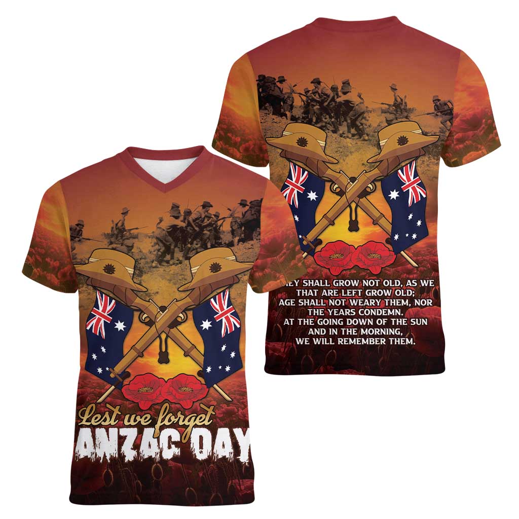 ANZAC Day Lest We Forget Women V-Neck T-Shirt Australian Veterans Remembrance Tribute