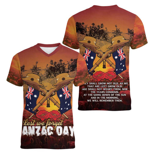 ANZAC Day Lest We Forget Women V-Neck T-Shirt Australian Veterans Remembrance Tribute