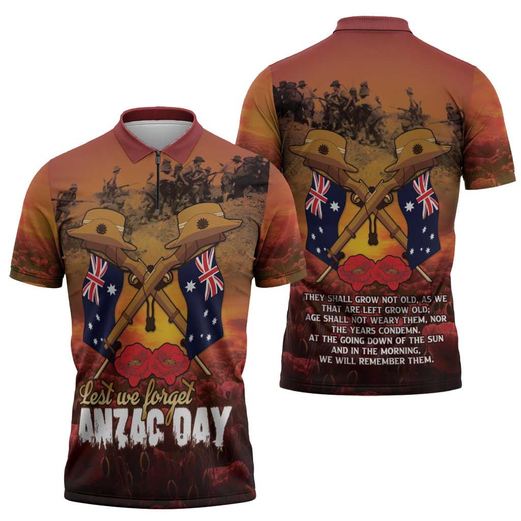 ANZAC Day Lest We Forget Zipper Polo Shirt Australian Veterans Remembrance Tribute