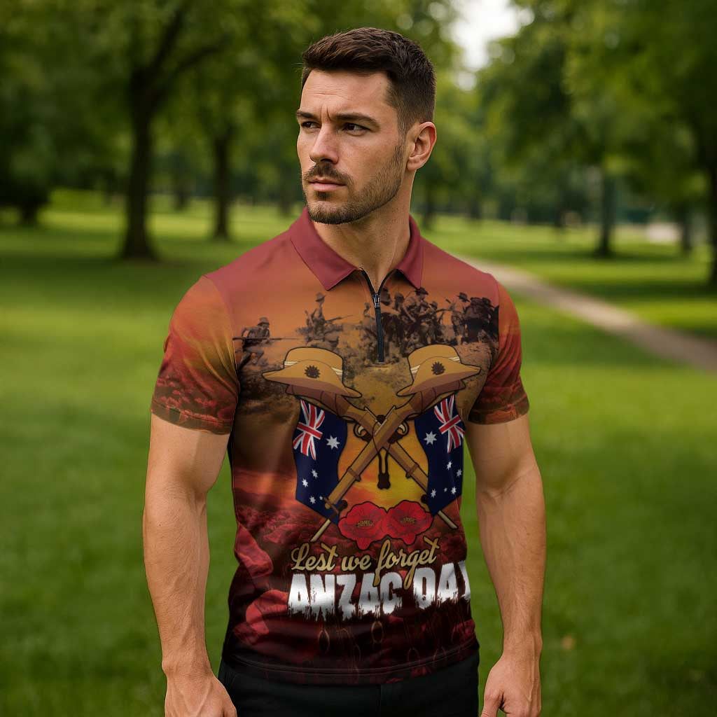 ANZAC Day Lest We Forget Zipper Polo Shirt Australian Veterans Remembrance Tribute