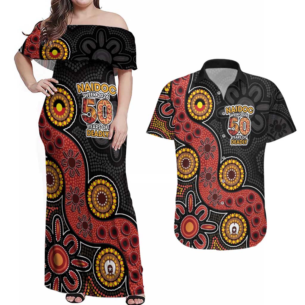 NAIDOC Week 2026 Couples Matching Off Shoulder Maxi Dress and Hawaiian Shirt 50 Years of Deadly Indigenous Pride