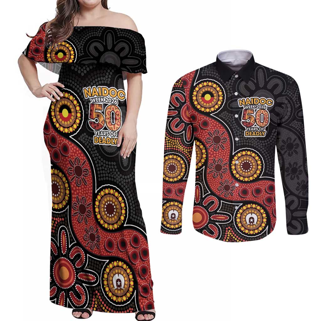 NAIDOC Week 2026 Couples Matching Off Shoulder Maxi Dress and Long Sleeve Button Shirt 50 Years of Deadly Indigenous Pride