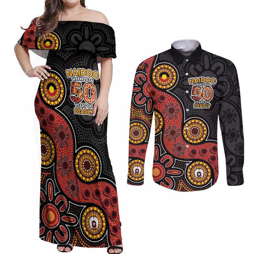 NAIDOC Week 2026 Couples Matching Off Shoulder Maxi Dress and Long Sleeve Button Shirt 50 Years of Deadly Indigenous Pride