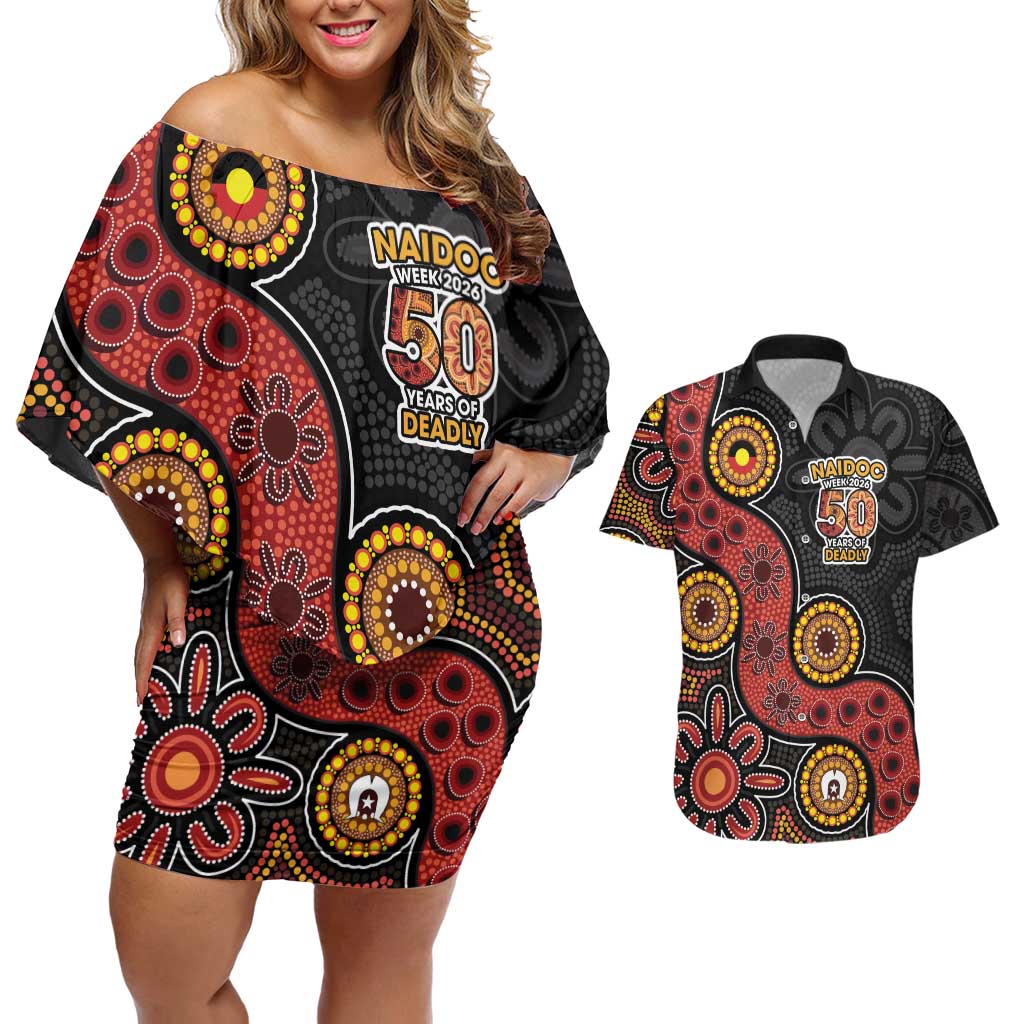 NAIDOC Week 2026 Couples Matching Off Shoulder Short Dress and Hawaiian Shirt 50 Years of Deadly Indigenous Pride