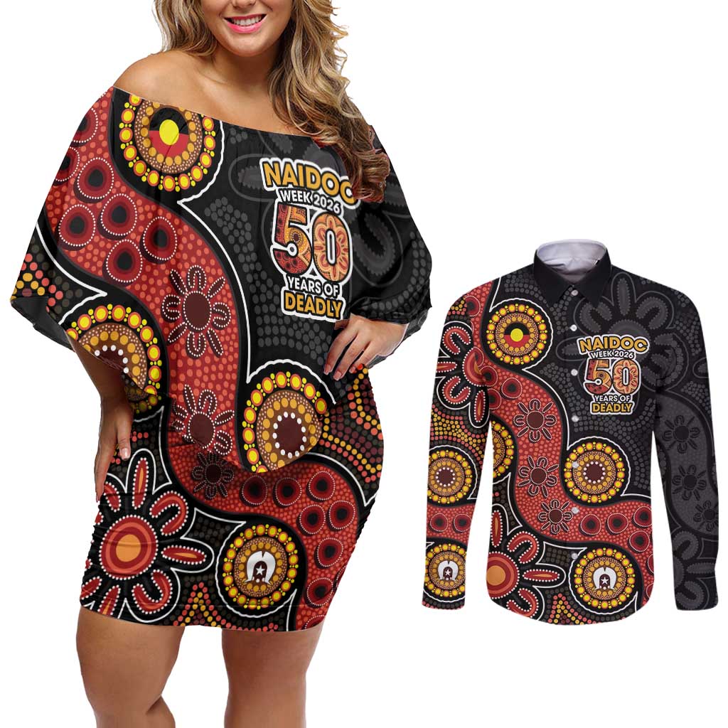 NAIDOC Week 2026 Couples Matching Off Shoulder Short Dress and Long Sleeve Button Shirt 50 Years of Deadly Indigenous Pride