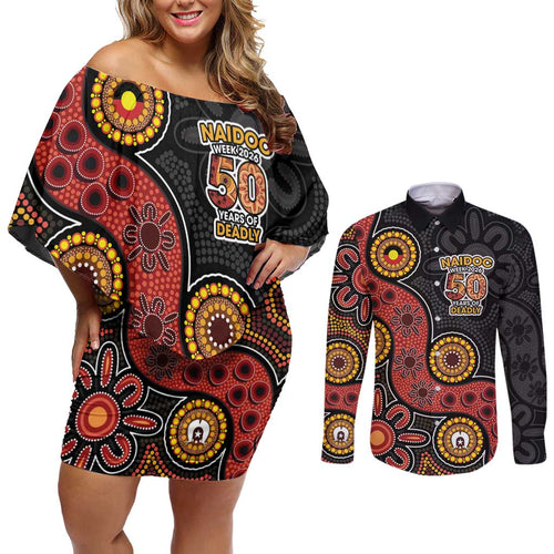 NAIDOC Week 2026 Couples Matching Off Shoulder Short Dress and Long Sleeve Button Shirt 50 Years of Deadly Indigenous Pride