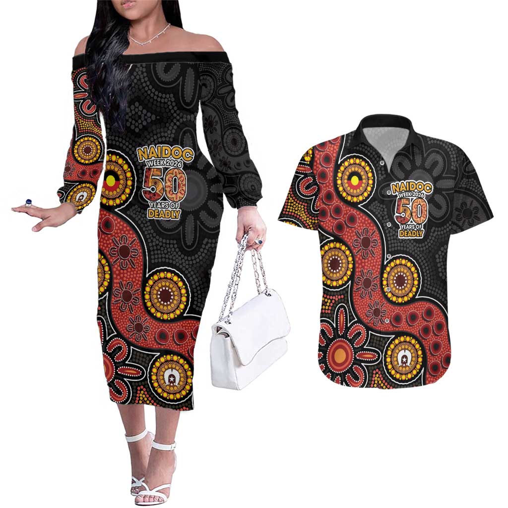 NAIDOC Week 2026 Couples Matching Off The Shoulder Long Sleeve Dress and Hawaiian Shirt 50 Years of Deadly Indigenous Pride