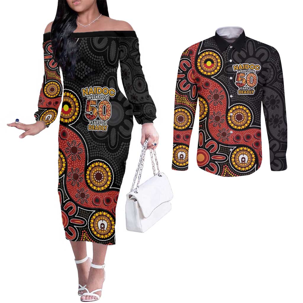 NAIDOC Week 2026 Couples Matching Off The Shoulder Long Sleeve Dress and Long Sleeve Button Shirt 50 Years of Deadly Indigenous Pride