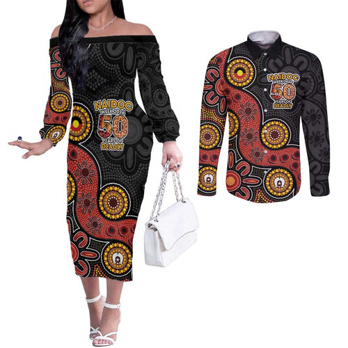NAIDOC Week 2026 Couples Matching Off The Shoulder Long Sleeve Dress and Long Sleeve Button Shirt 50 Years of Deadly Indigenous Pride