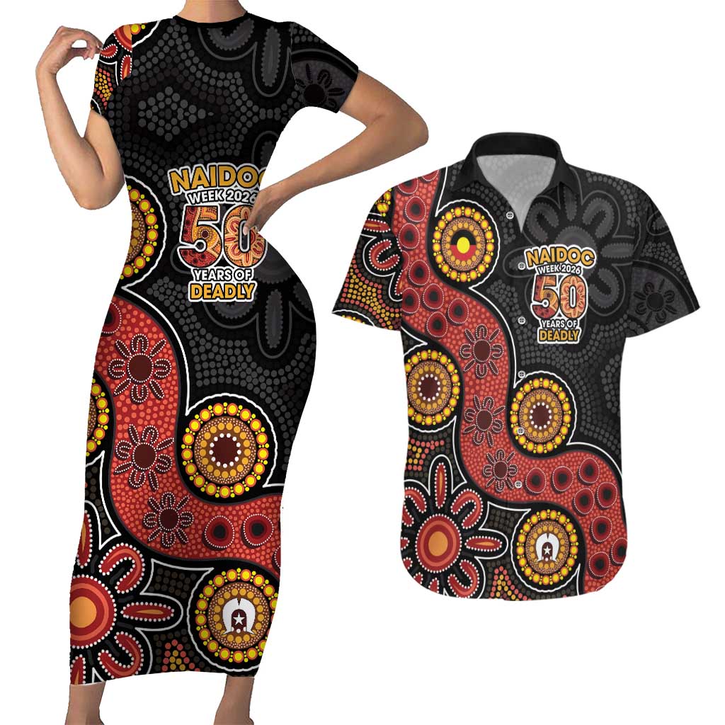 NAIDOC Week 2026 Couples Matching Short Sleeve Bodycon Dress and Hawaiian Shirt 50 Years of Deadly Indigenous Pride