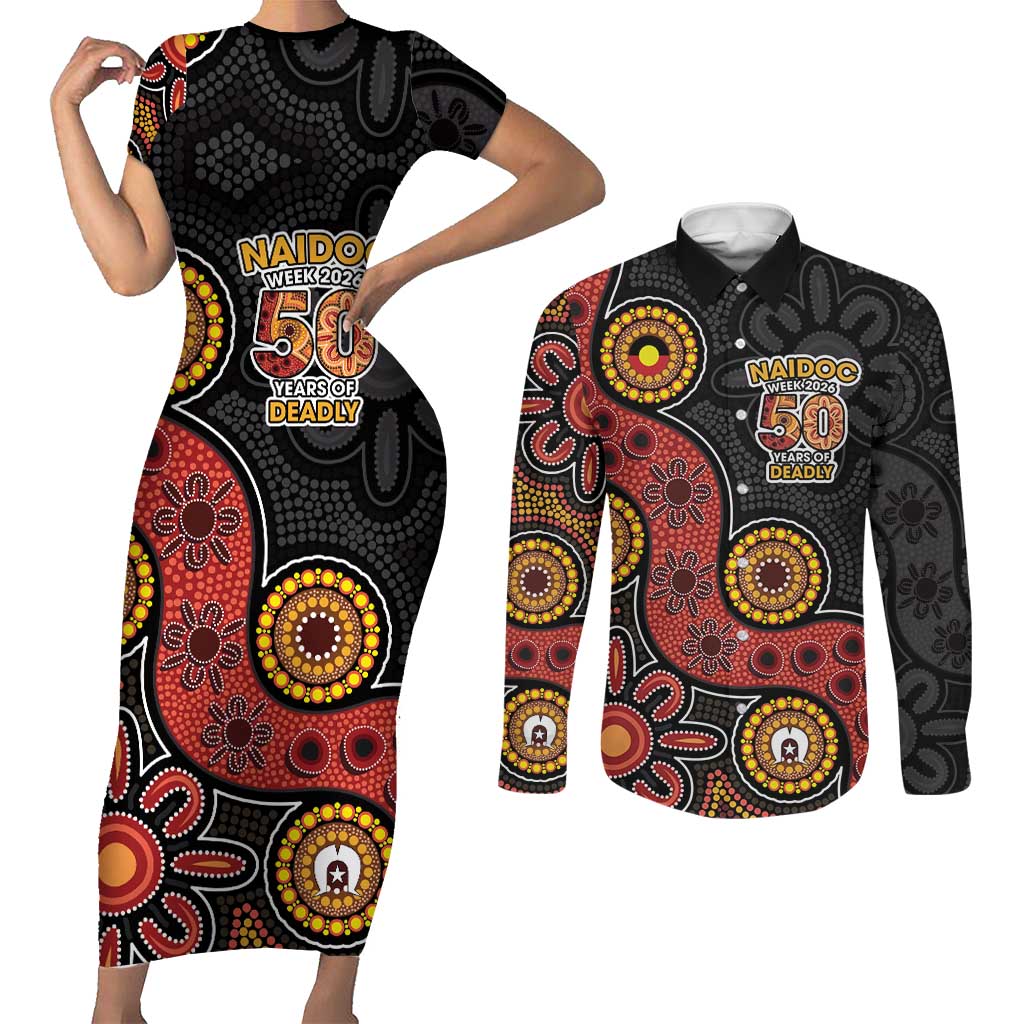 NAIDOC Week 2026 Couples Matching Short Sleeve Bodycon Dress and Long Sleeve Button Shirt 50 Years of Deadly Indigenous Pride