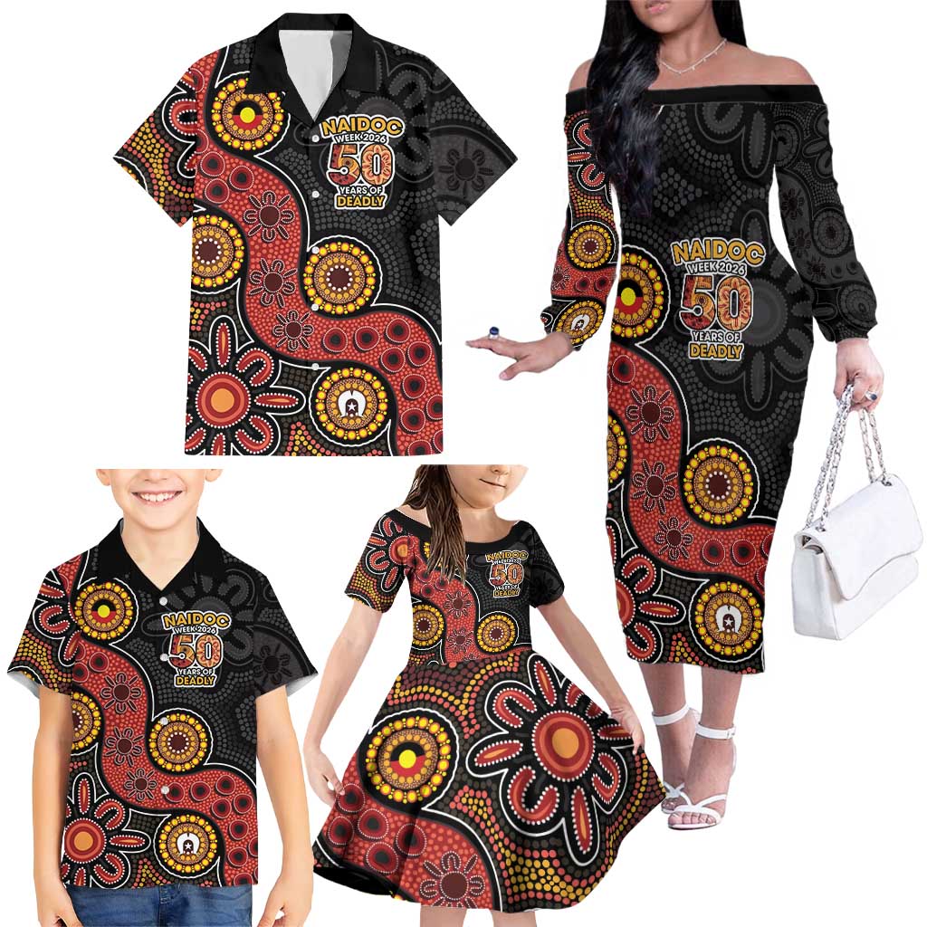 NAIDOC Week 2026 Family Matching Off The Shoulder Long Sleeve Dress and Hawaiian Shirt 50 Years of Deadly Indigenous Pride