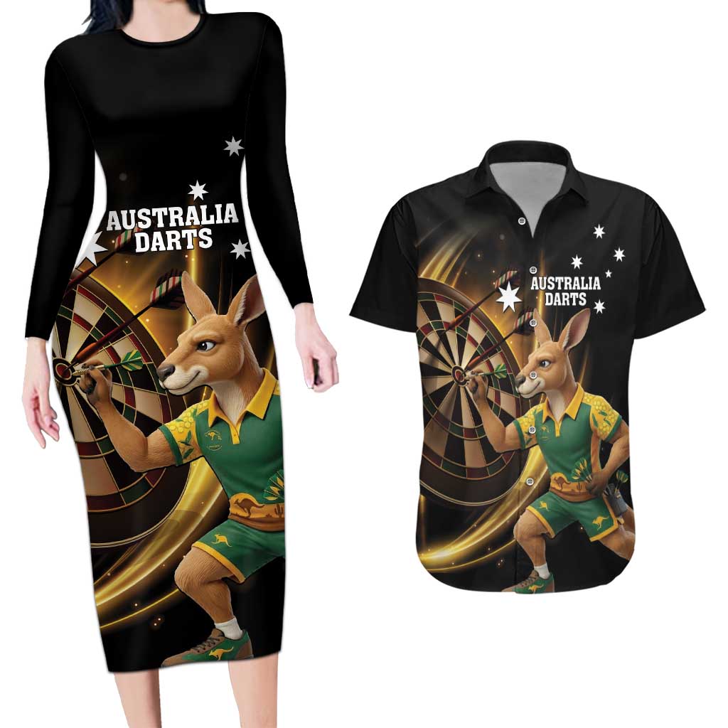 Australia Kangaroo Mascot Darts Couples Matching Long Sleeve Bodycon Dress and Hawaiian Shirt Black Edition