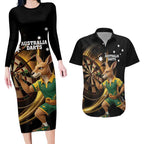Australia Kangaroo Mascot Darts Couples Matching Long Sleeve Bodycon Dress and Hawaiian Shirt Black Edition