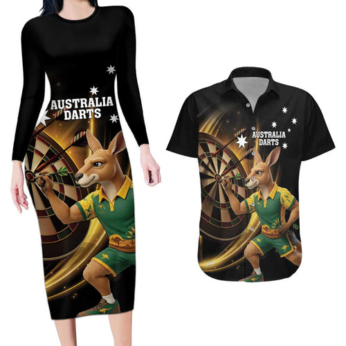 Australia Kangaroo Mascot Darts Couples Matching Long Sleeve Bodycon Dress and Hawaiian Shirt Black Edition