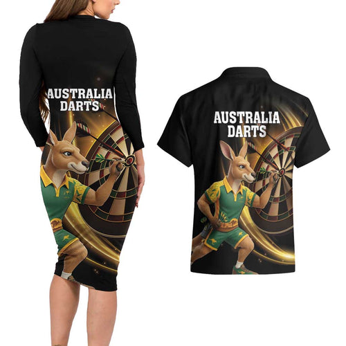 Australia Kangaroo Mascot Darts Couples Matching Long Sleeve Bodycon Dress and Hawaiian Shirt Black Edition