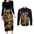 Australia Kangaroo Mascot Darts Couples Matching Long Sleeve Bodycon Dress and Long Sleeve Button Shirt Black Edition