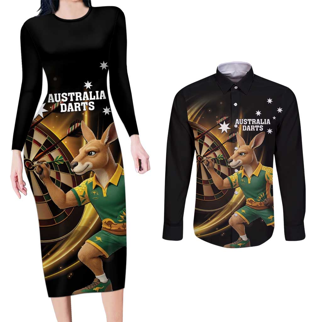 Australia Kangaroo Mascot Darts Couples Matching Long Sleeve Bodycon Dress and Long Sleeve Button Shirt Black Edition