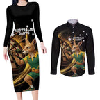 Australia Kangaroo Mascot Darts Couples Matching Long Sleeve Bodycon Dress and Long Sleeve Button Shirt Black Edition