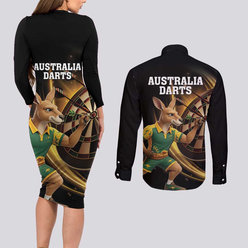 Australia Kangaroo Mascot Darts Couples Matching Long Sleeve Bodycon Dress and Long Sleeve Button Shirt Black Edition
