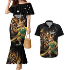 Australia Kangaroo Mascot Darts Couples Matching Mermaid Dress and Hawaiian Shirt Black Edition