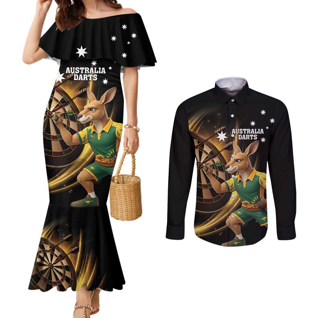 Australia Kangaroo Mascot Darts Couples Matching Mermaid Dress and Long Sleeve Button Shirt Black Edition