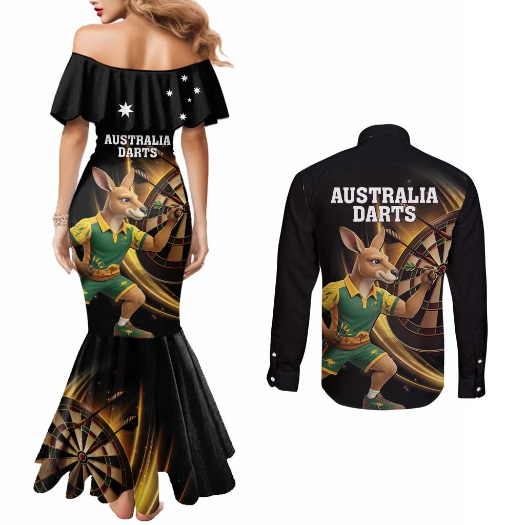 Australia Kangaroo Mascot Darts Couples Matching Mermaid Dress and Long Sleeve Button Shirt Black Edition