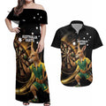 Australia Kangaroo Mascot Darts Couples Matching Off Shoulder Maxi Dress and Hawaiian Shirt Black Edition