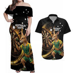 Australia Kangaroo Mascot Darts Couples Matching Off Shoulder Maxi Dress and Hawaiian Shirt Black Edition