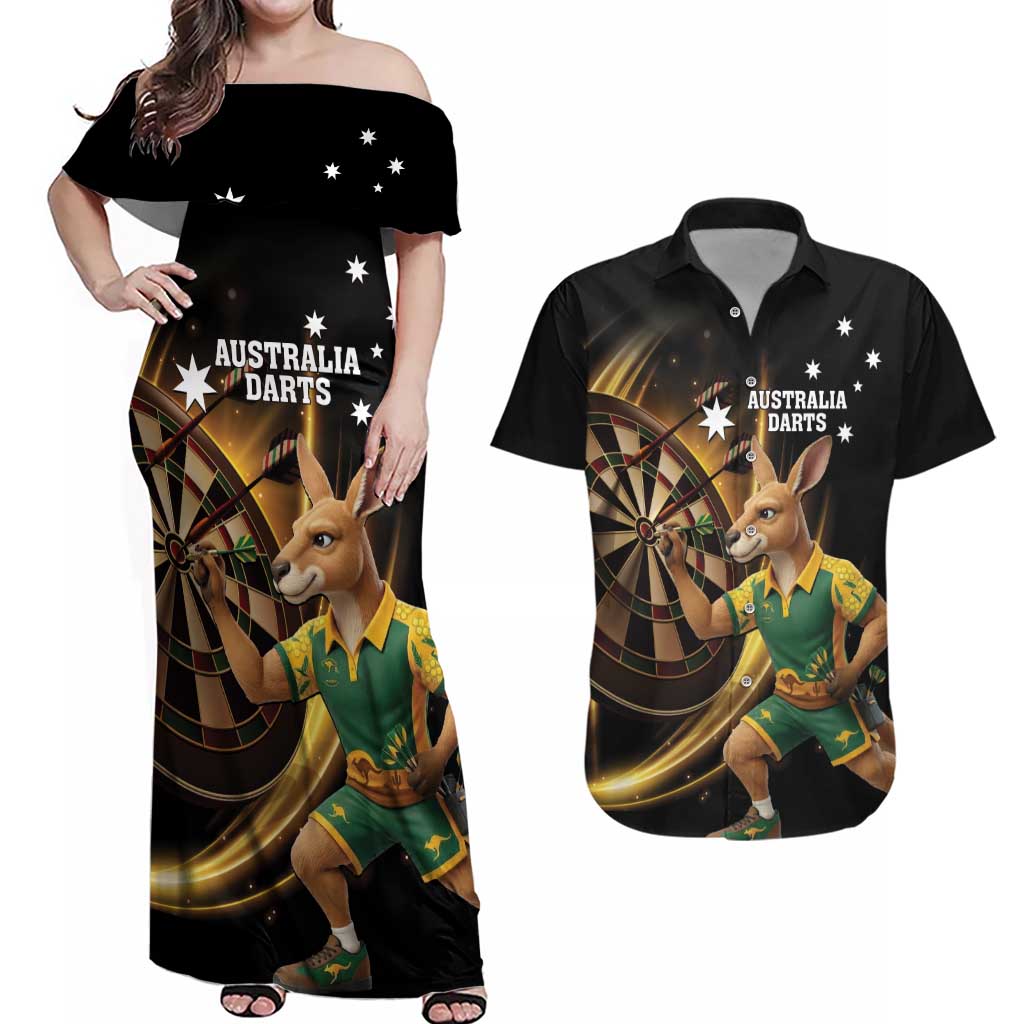 Australia Kangaroo Mascot Darts Couples Matching Off Shoulder Maxi Dress and Hawaiian Shirt Black Edition