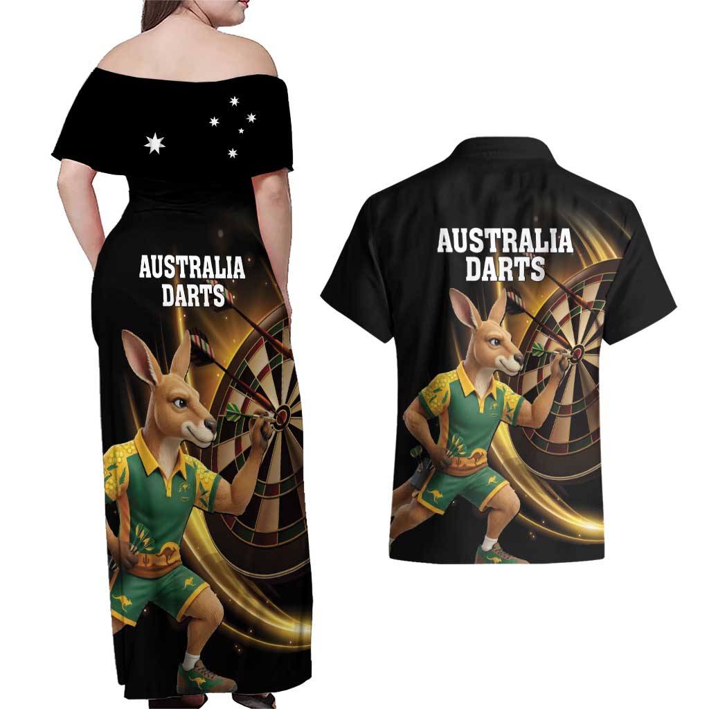 Australia Kangaroo Mascot Darts Couples Matching Off Shoulder Maxi Dress and Hawaiian Shirt Black Edition