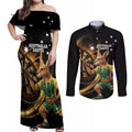 Australia Kangaroo Mascot Darts Couples Matching Off Shoulder Maxi Dress and Long Sleeve Button Shirt Black Edition