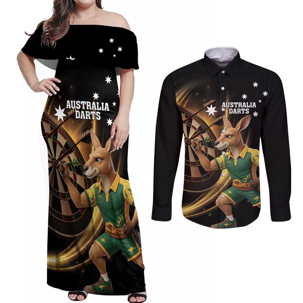 Australia Kangaroo Mascot Darts Couples Matching Off Shoulder Maxi Dress and Long Sleeve Button Shirt Black Edition