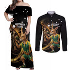 Australia Kangaroo Mascot Darts Couples Matching Off Shoulder Maxi Dress and Long Sleeve Button Shirt Black Edition