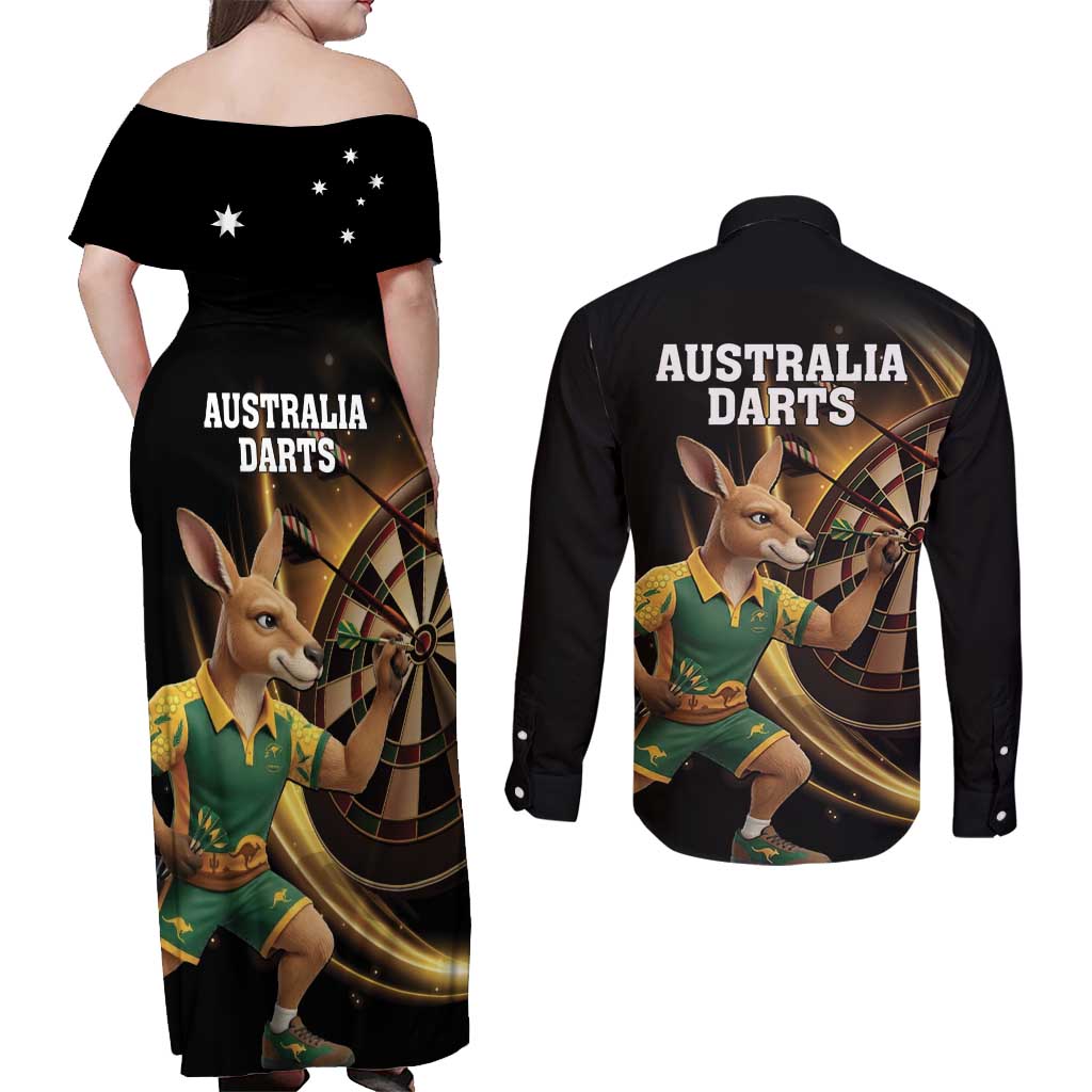 Australia Kangaroo Mascot Darts Couples Matching Off Shoulder Maxi Dress and Long Sleeve Button Shirt Black Edition